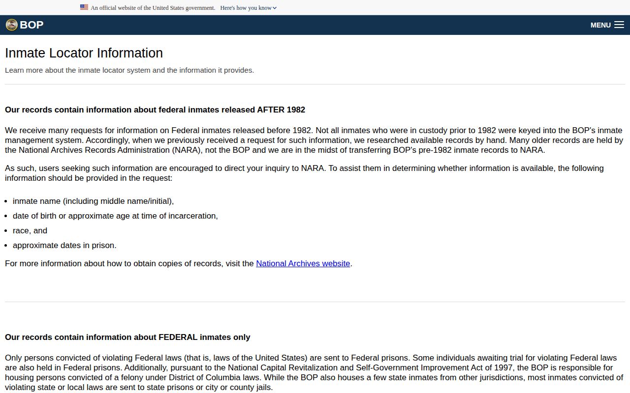BOP federal release status explanation for Cumberland County cases