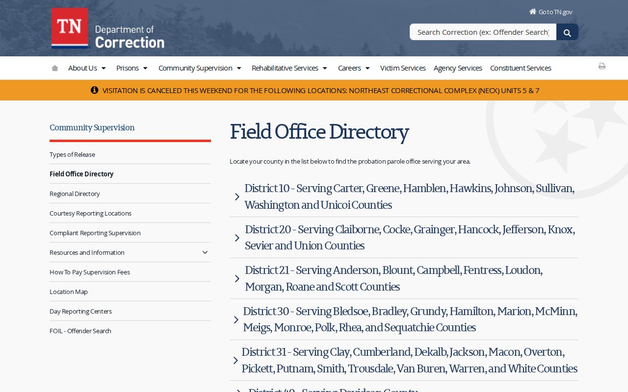 Cumberland County parole and probation Crossville field office directory