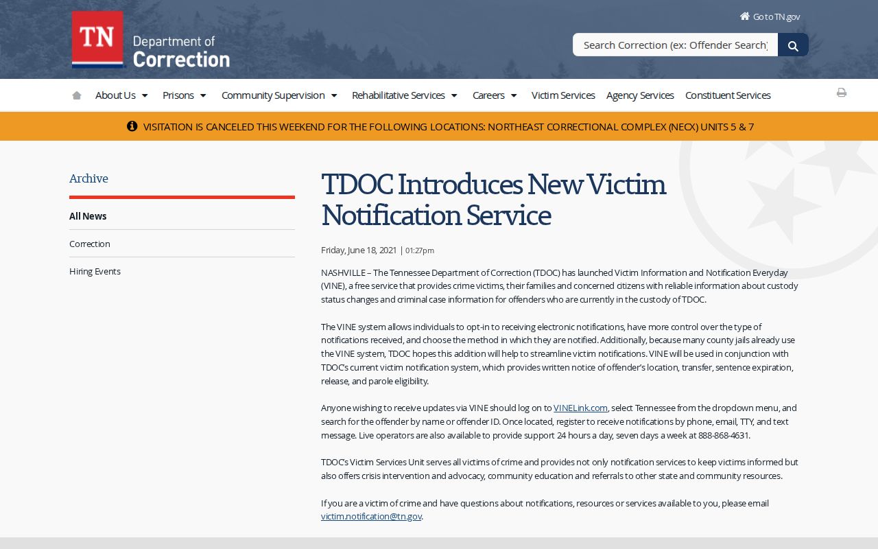 Tennessee Department of Correction official VINE notification announcement